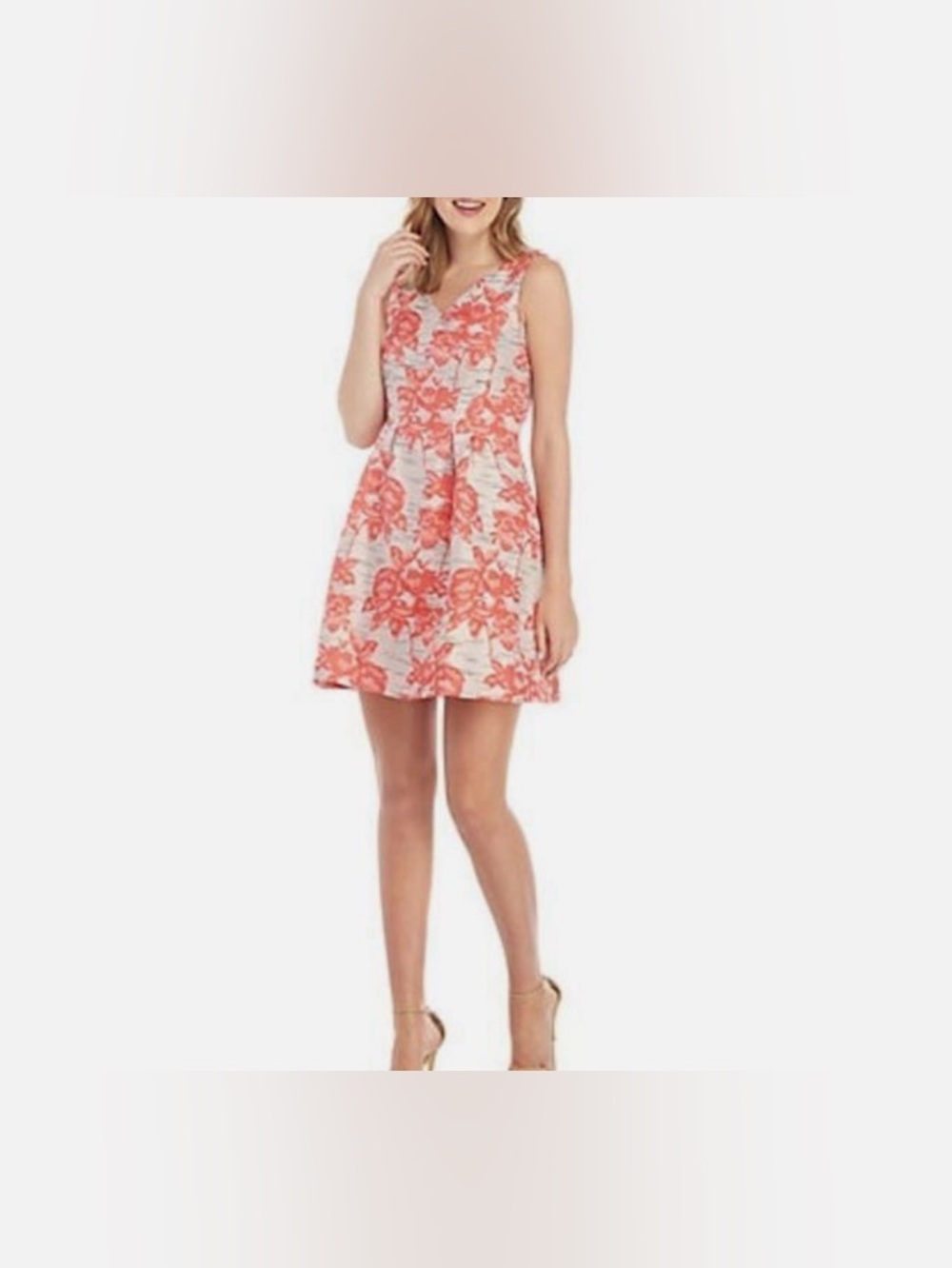 Donna Ricco Coral and White Floral V‑Neck A‑Line Mini Dress